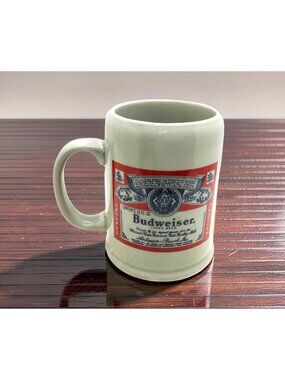 Vintage Budweiser Beer Logo 4.5" Gray Stoneware Mug, preowned